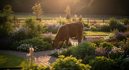 Cattle grazing in lush garden sunset