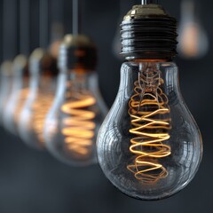 Vintage light bulb with spiral filament glowing in dark setting