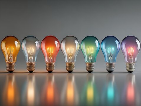 Colorful light bulbs glowing in a row on a reflective surface