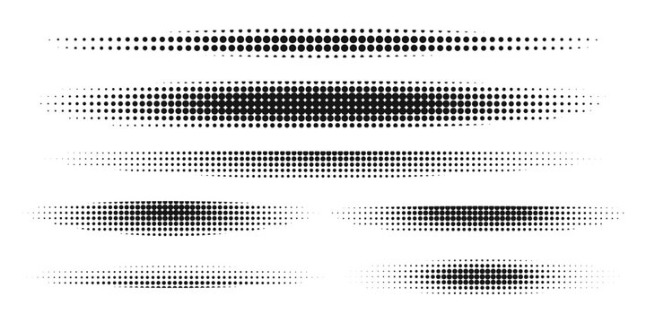 Set of shadow oval shapes with halftone effect isolated on white background. Abstract shades with gritty, grainy, noise or pixel texture. Forms with polka dot pattern. Vector graphic illustration.