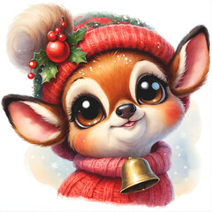 Dressed in a cozy red hat and sweater, a baby deer smiles gently beneath falling snowflakes. Holding a golden bell, it brings a quiet moment of festive warmth to the winter scene.
