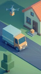 Isometric view of a delivery truck and drone delivering packages to a house.