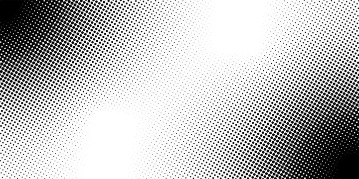 Background with halftone effect. Black and white gradient faded pattern. Wallpaper with noise, pixel or bitmap texture. Duotone grainy print. Manga page template. Vector graphic illustration.
