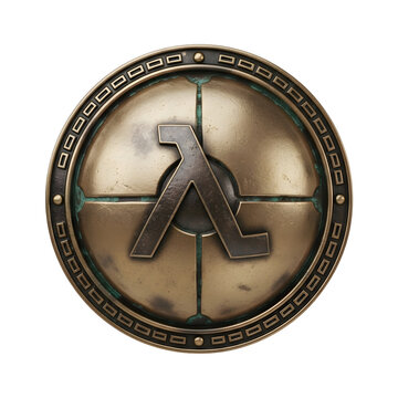 Lambda Symbol on a Round Metal Shield with Ornate Border.