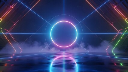 Obraz premium Illuminated Abstraction: A futuristic digital artwork featuring neon lines, circles, and light reflections, creating a mesmerizing scene within an ethereal atmosphere.