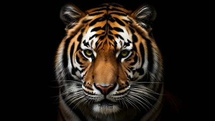 Fototapeta premium Striking Tiger Portrait: An intense close-up captures the piercing gaze of a majestic tiger, its iconic stripes standing out vividly against a deep black backdrop, showcasing raw power.