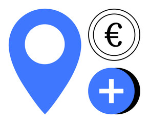 Fototapeta premium Navigation icons. Blue location pin and add button alongside Euro symbol navigation, e-commerce, and global transactions. Useful for business, apps, financial tools, and global connectivity