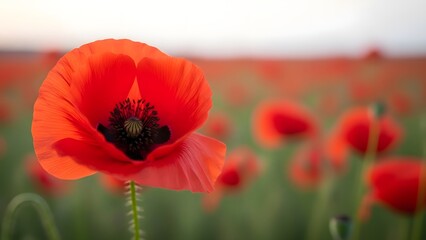 Poppy Field: A single, vibrant red poppy stands out in sharp focus against a blurred backdrop of countless poppies stretching towards the horizon, symbolizing beauty and remembrance.