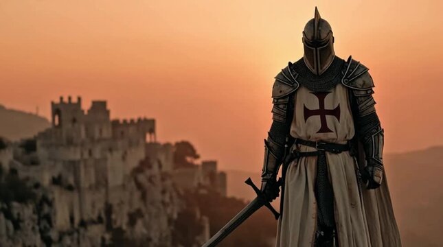Knights templar Crusader warrior standing with sword at sunset near castle