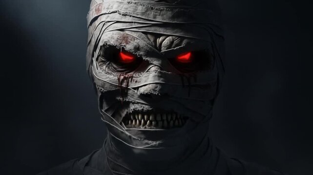 Scary Mummy with Glowing Red Eyes in Dark Atmosphere.