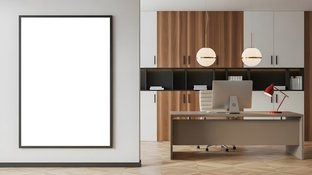 Empty Canvas in the Modern Workspace: A minimalist office setting presents a framed, blank canvas beside a desk, embodying potential and creative space.