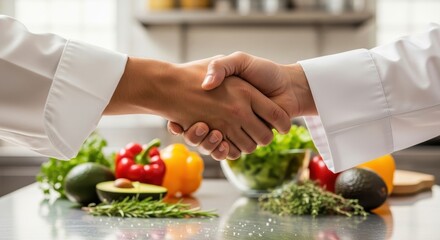 Two chefs shaking hands with fresh vegetables on kitchen counter