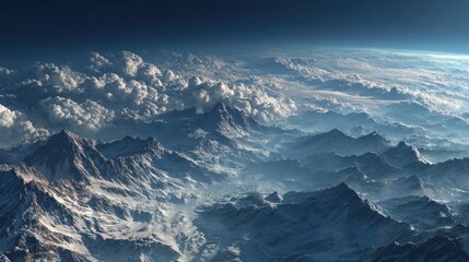 Majestic aerial view of snow-capped mountains beneath cloud cover, perfect