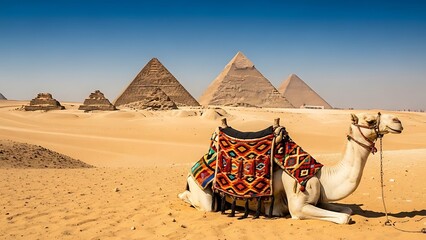 Iconic Egyptian Pyramids and Sphinx in Giza Desert with Camel Ancient Wonders of the World Tourism and Travel Photography