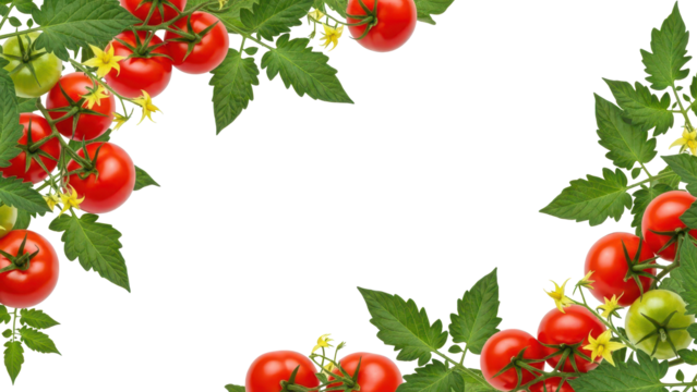 Tomato plant frame with fruits, leaves, and flowers on transparent background