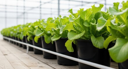 Fresh Lettuce Plants Growing in Black Pots Inside a Greenhouse