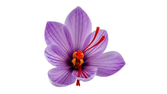 Crocus sativus flower, with delicate purple petals and vibrant red stigmas, cutout, PNG isolated on white or transparent background