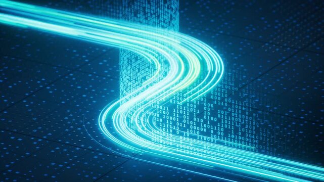 
Flowing neon lines with binary data background, 3d rendering 4k