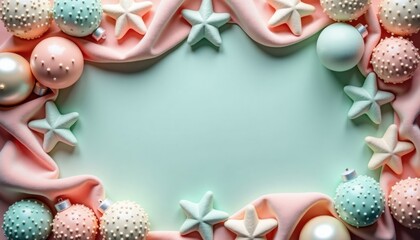 Festive Christmas ornaments and stars on soft pastel background  