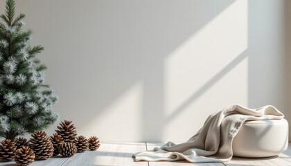 Cozy indoor winter scene with blanket, pinecones, and Christmas tree  