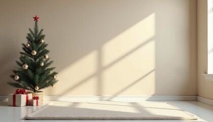 Christmas tree with decorations and gifts in a bright room  