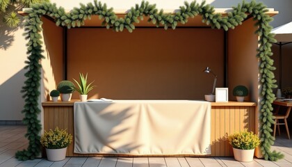 Cozy outdoor market stall decorated with greenery and plants  