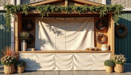 Decorative wooden stall with fabric drapes and potted plants  