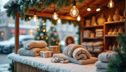 Cozy winter market stall with warm blankets and holiday decor  