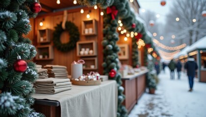 Festive Christmas market with decorated stalls and snowy background  