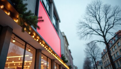 City street with illuminated storefront during winter evening  
