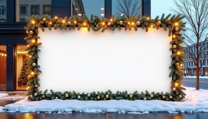 Festive winter blank banner with lights and greenery in urban setting  