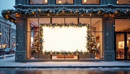 Winter storefront decorated with greenery and snowfall in city  