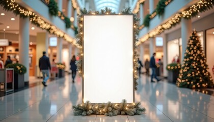 Blank advertising display in shopping mall decorated for Christmas  