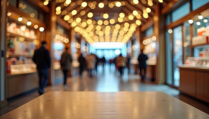 Busy shopping mall interior with warm lights and blurred background  