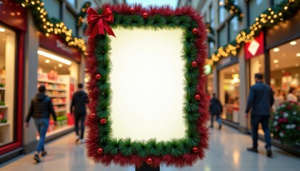Christmas decoration with empty frame in holiday shopping mall  
