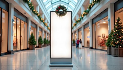Blank advertising display in a festive shopping mall with decorations  