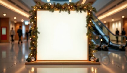 Christmas-themed empty frame with greenery and lights in mall  