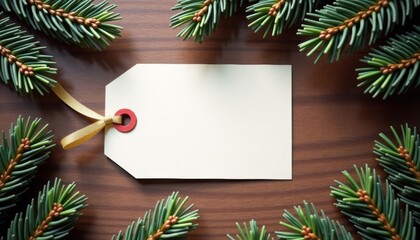 Blank gift tag with pine branches on wooden surface for Christmas  