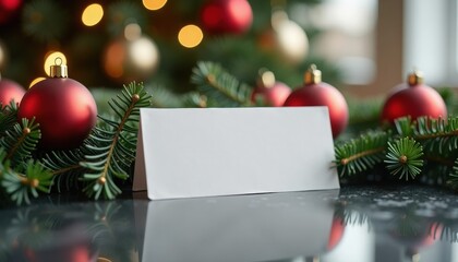 Blank card on a festive table with Christmas decorations and pine  