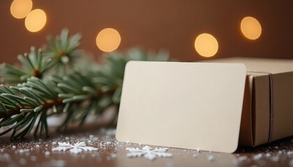 Blank gift tag beside wrapped box and pine branch for holidays  