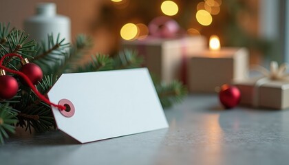 Christmas gift tag on wooden table with decorative ornaments and lights  