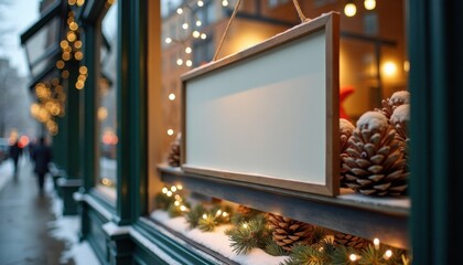 Christmas window display with empty sign and pinecones in evening  