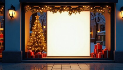 Christmas storefront display with tree and presents in winter setting  