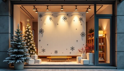Cozy winter storefront display with Christmas tree and decorations  