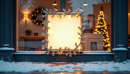 Cozy winter scene with decorative mirror and Christmas tree lights  