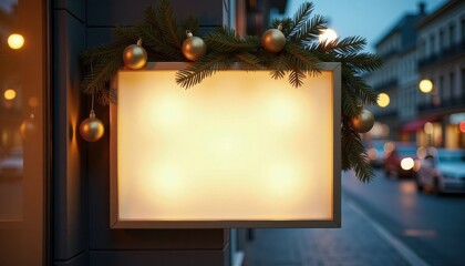 Blank illuminated sign decorated for Christmas in urban evening setting  