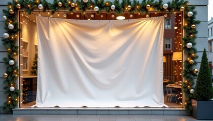 Christmas window display with white fabric and festive decorations  