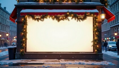 Snow-covered billboard decorated with Christmas lights in city  