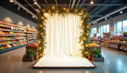 Grocery store display with curtains and lights in fresh produce section  