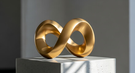 Golden infinity symbol sculpture on gray pedestal